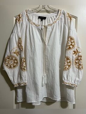 NWT Anthropologie RD & Koko Embroidered Linen White Gold Blouse L
